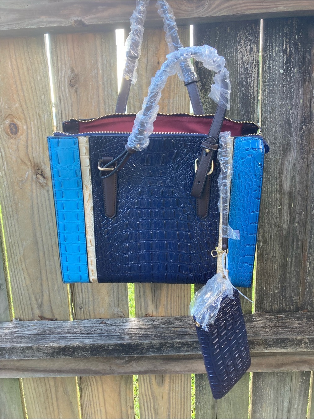 Croc-Embossed Navy and Bright Blue Satchel with Contrast Trim